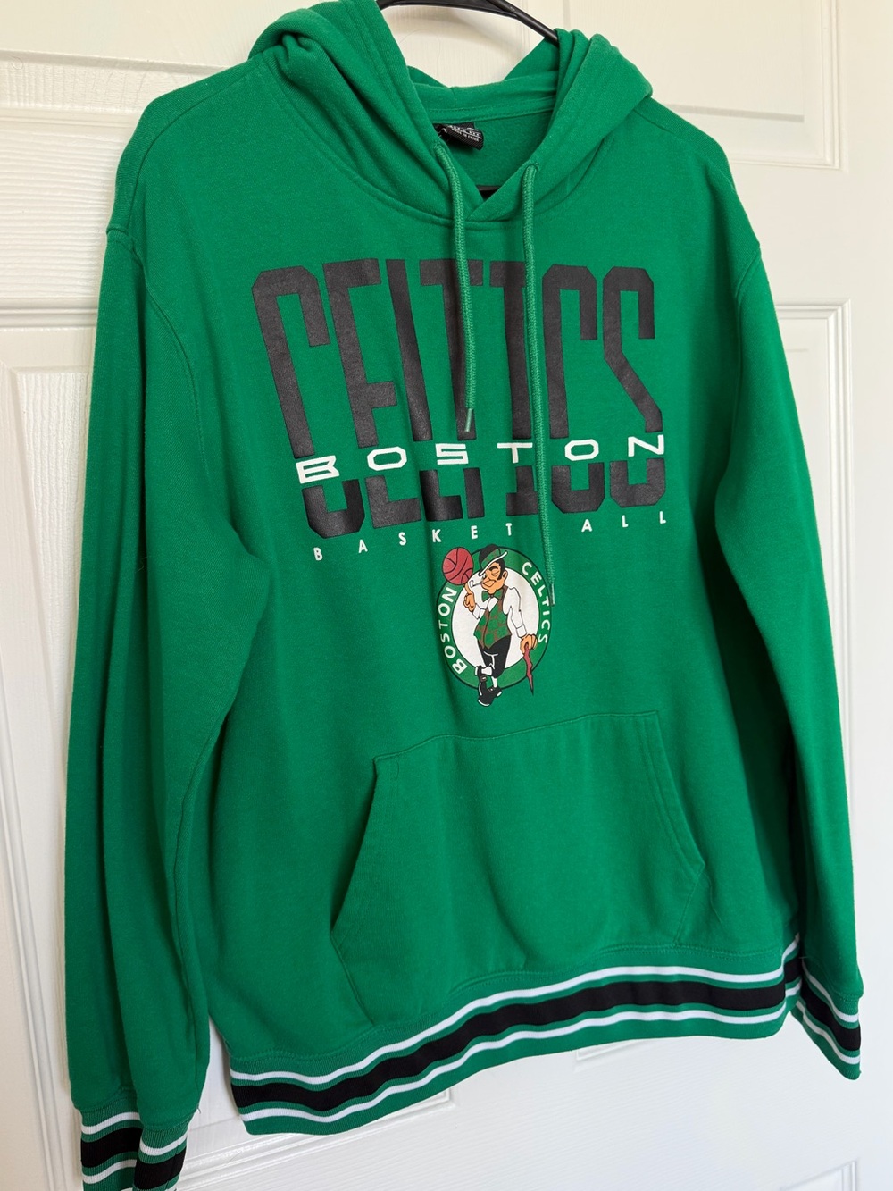 NBA Boston Celtics Green Hoodie with black/white striped cuffs and hem size L